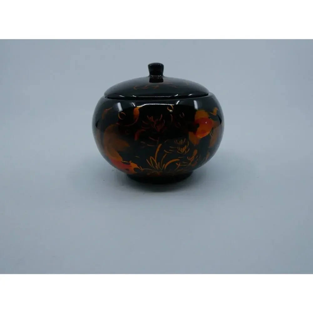 Round Lidded Lacquer Trinket Box Fancy Goldfish Hand Painted Designs Black Gloss